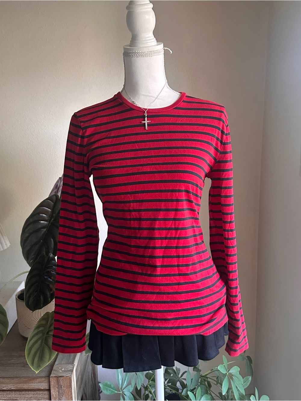 Women's Red and Black Ralph Lauren Striped Long-Sleeve Top